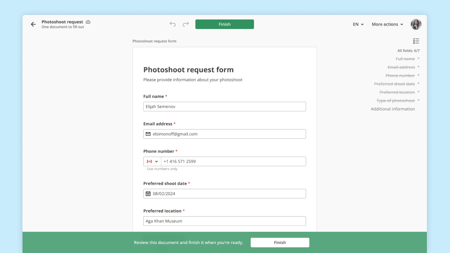 Photographer reviews 'Photoshoot Request' information for approval