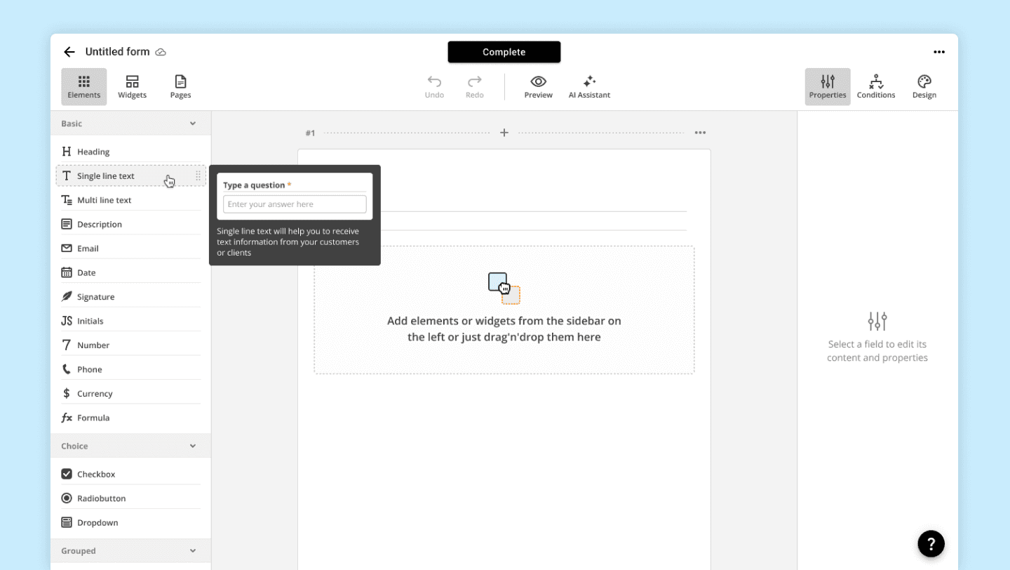 Adding the 'Single-line text' element