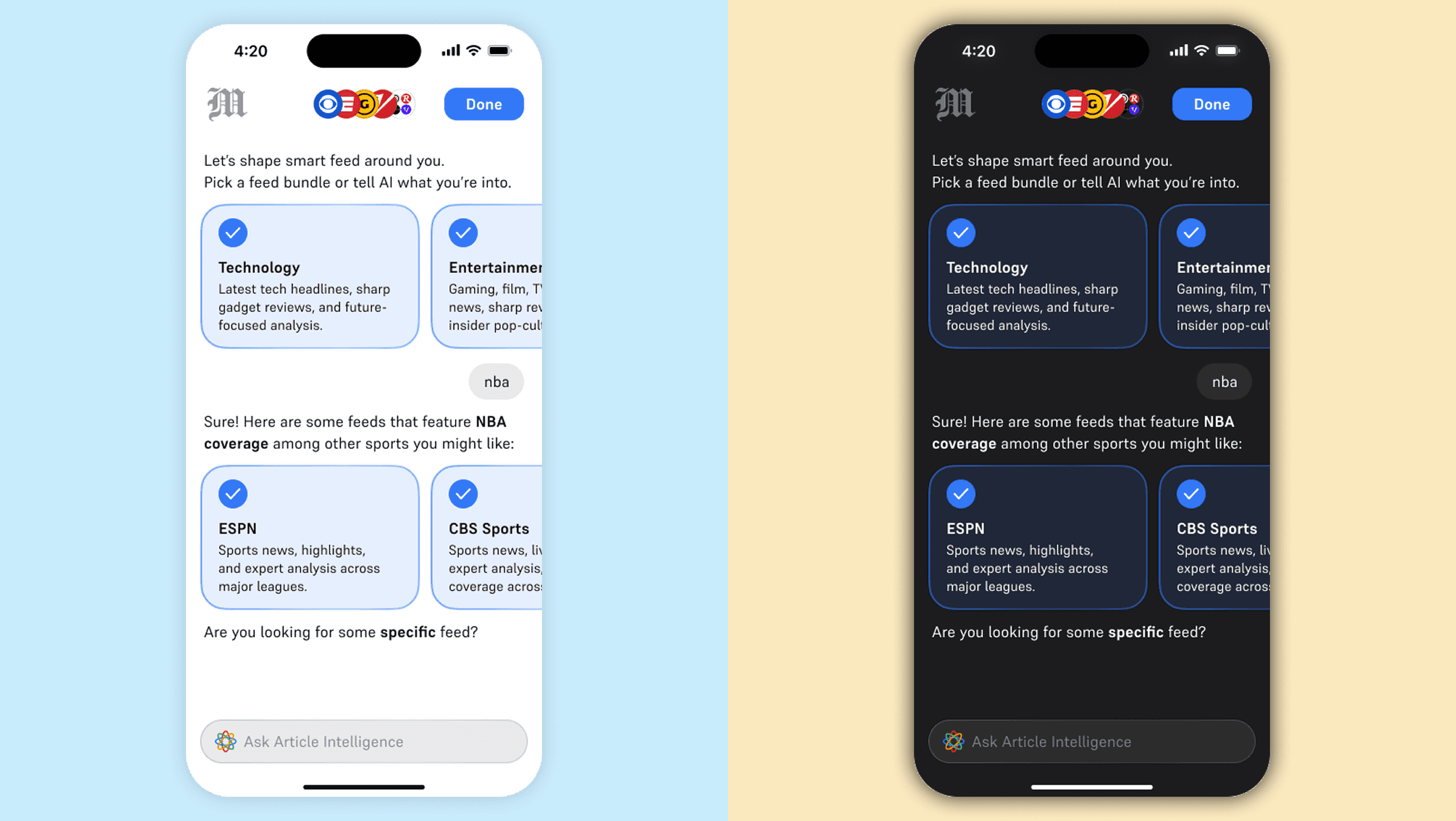 User request screen showing AI response with specific news feeds