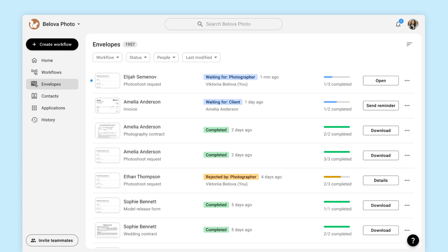 Envelopes page with statuses