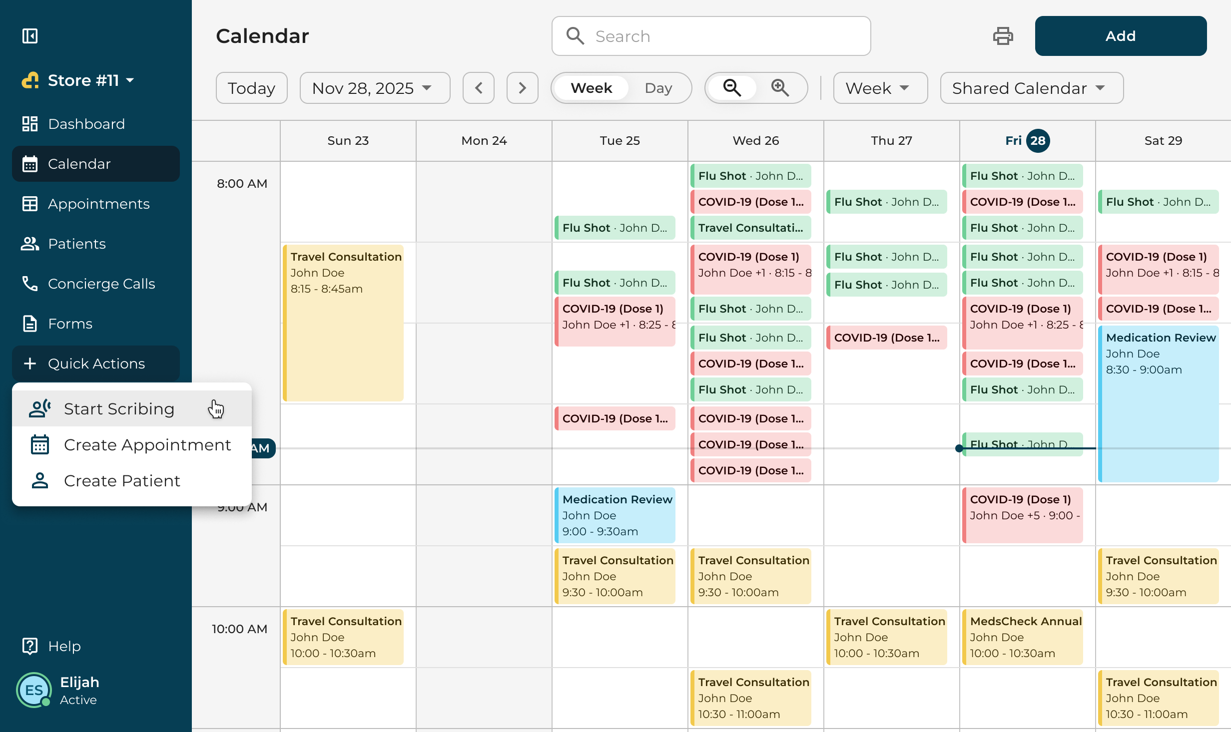Quick Actions: Start Scribing, Create Appointment, Create Patient