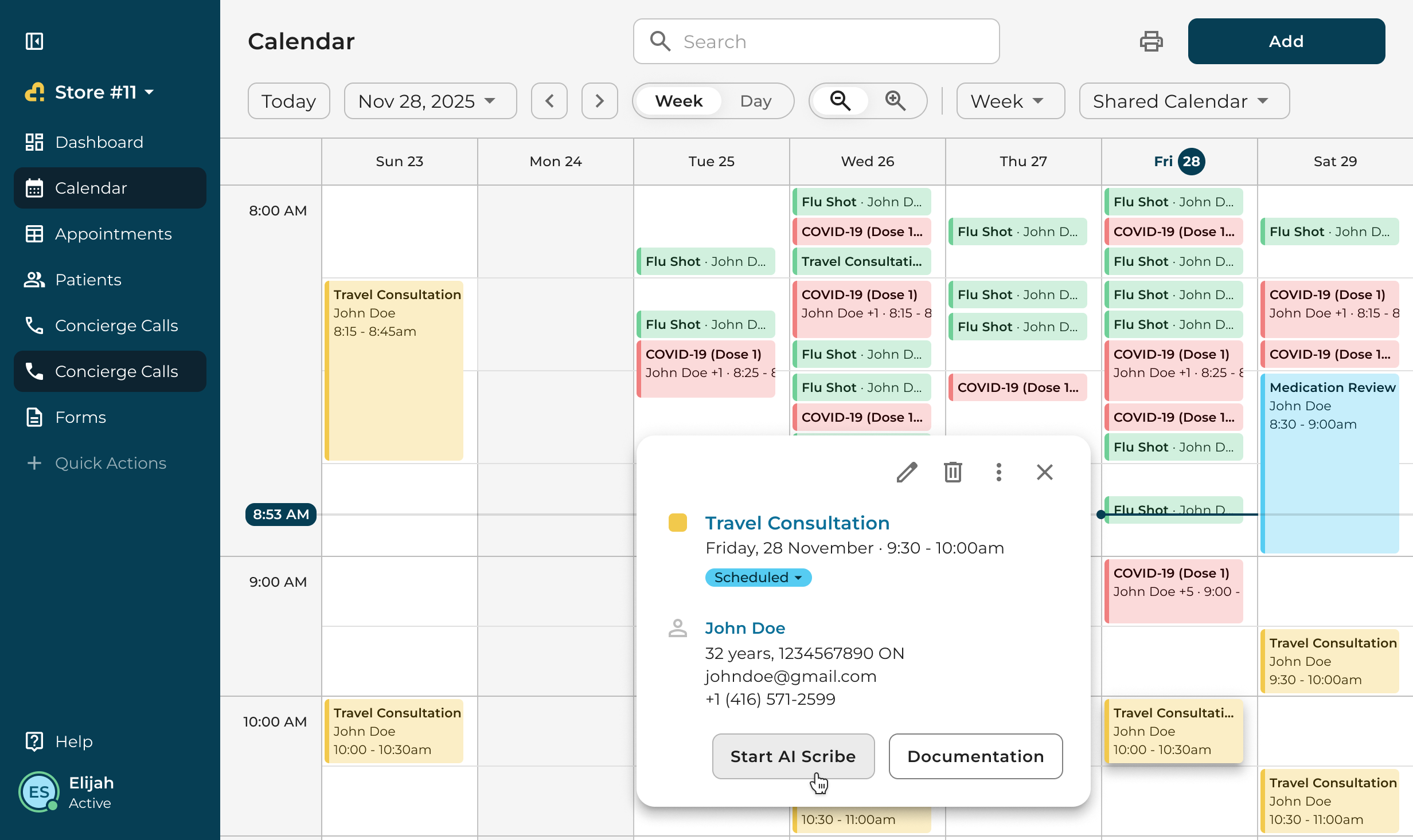 An appointment card with Start AI Scribe
