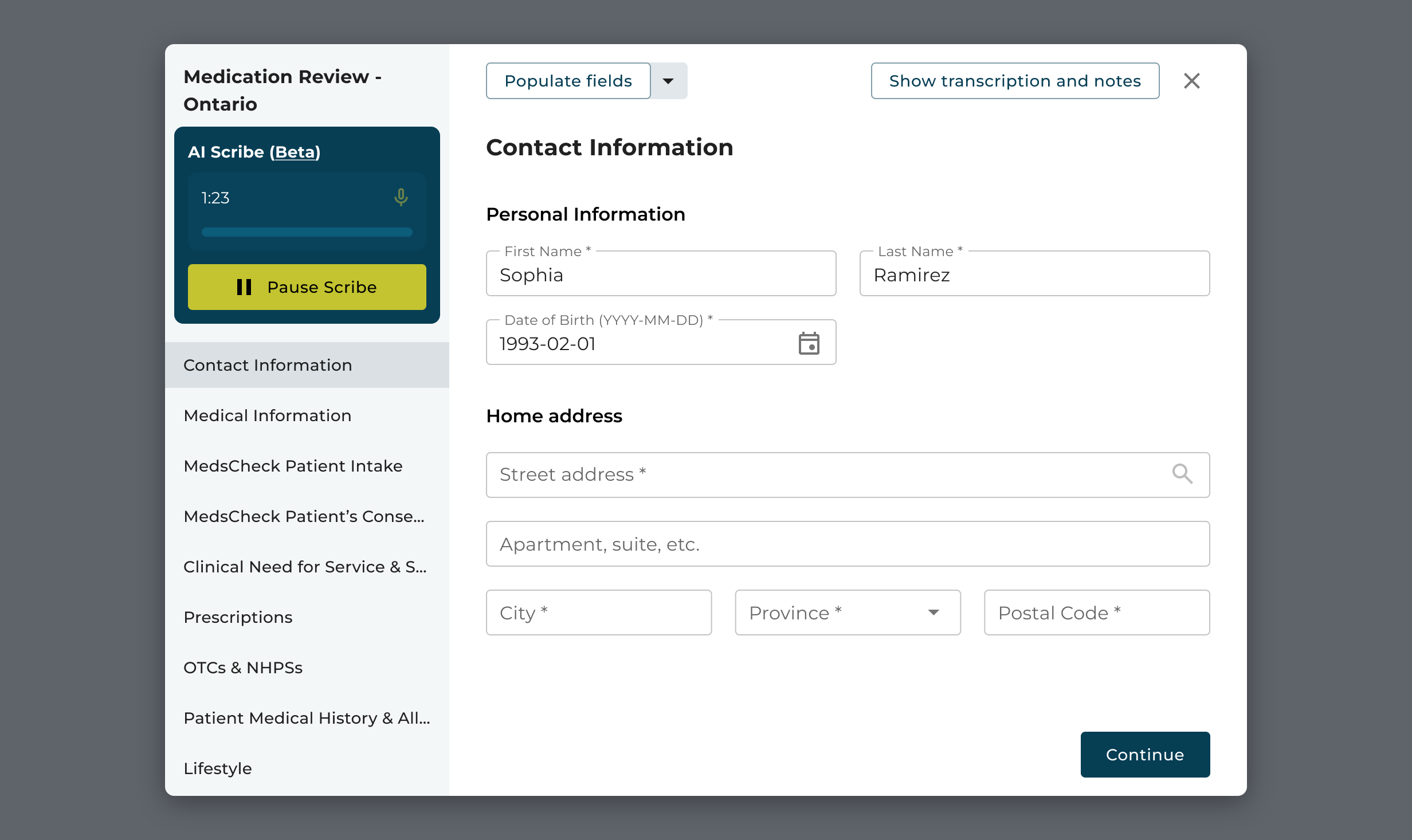Beta scribe: the widget, the timer, and “Populate fields” in the header
