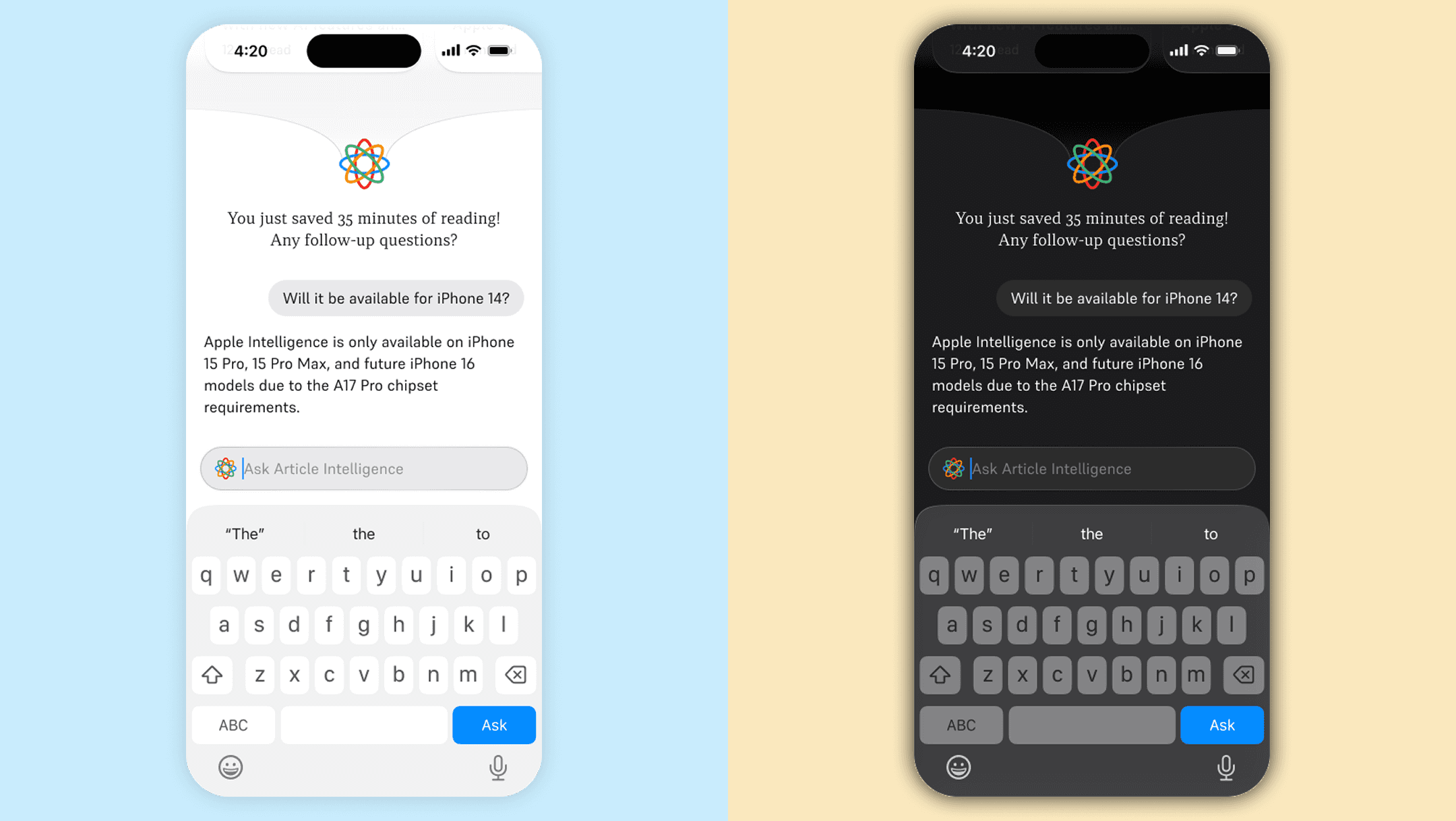 AI Q&A screen where users ask follow-up questions about the article
