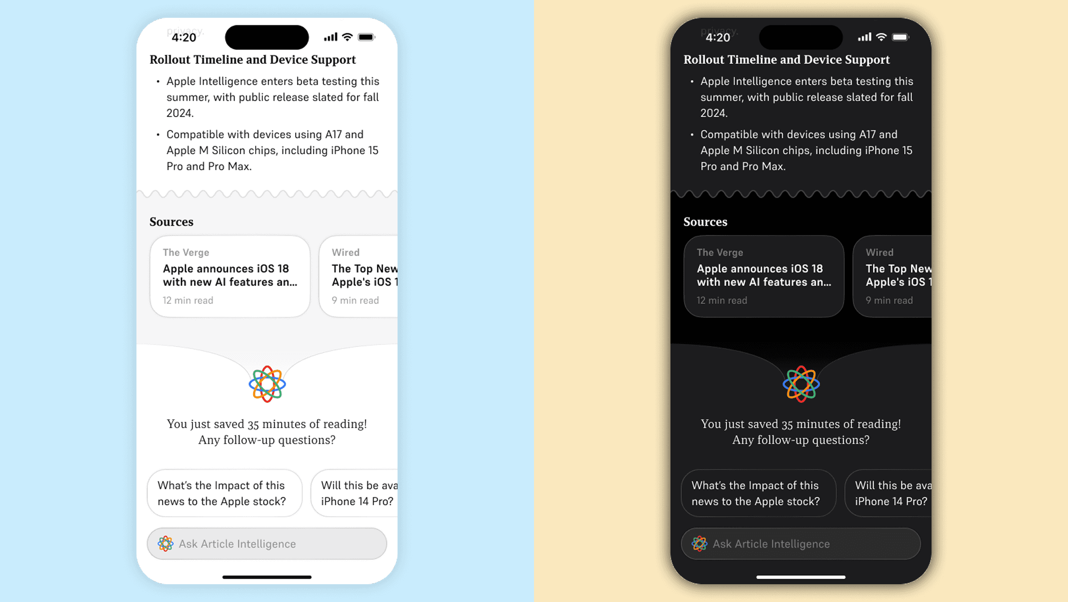 Article details screen with predefined follow-up questions based on the article context