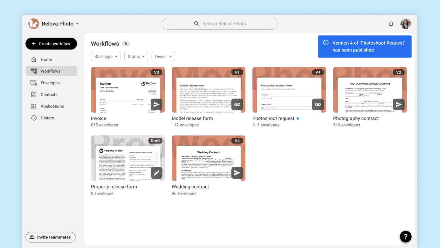 Workflow page - published Workflow