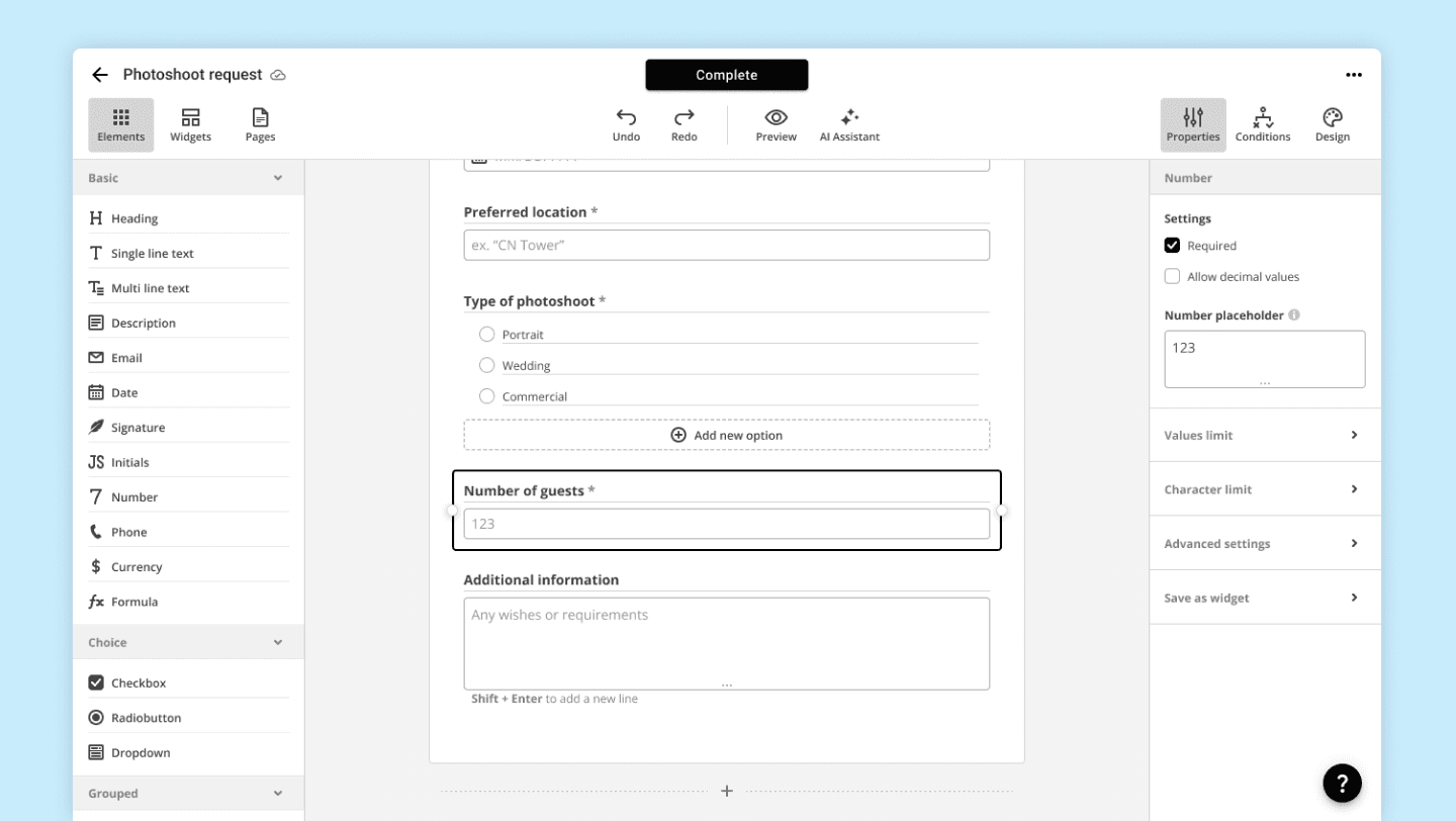 Fully configured form