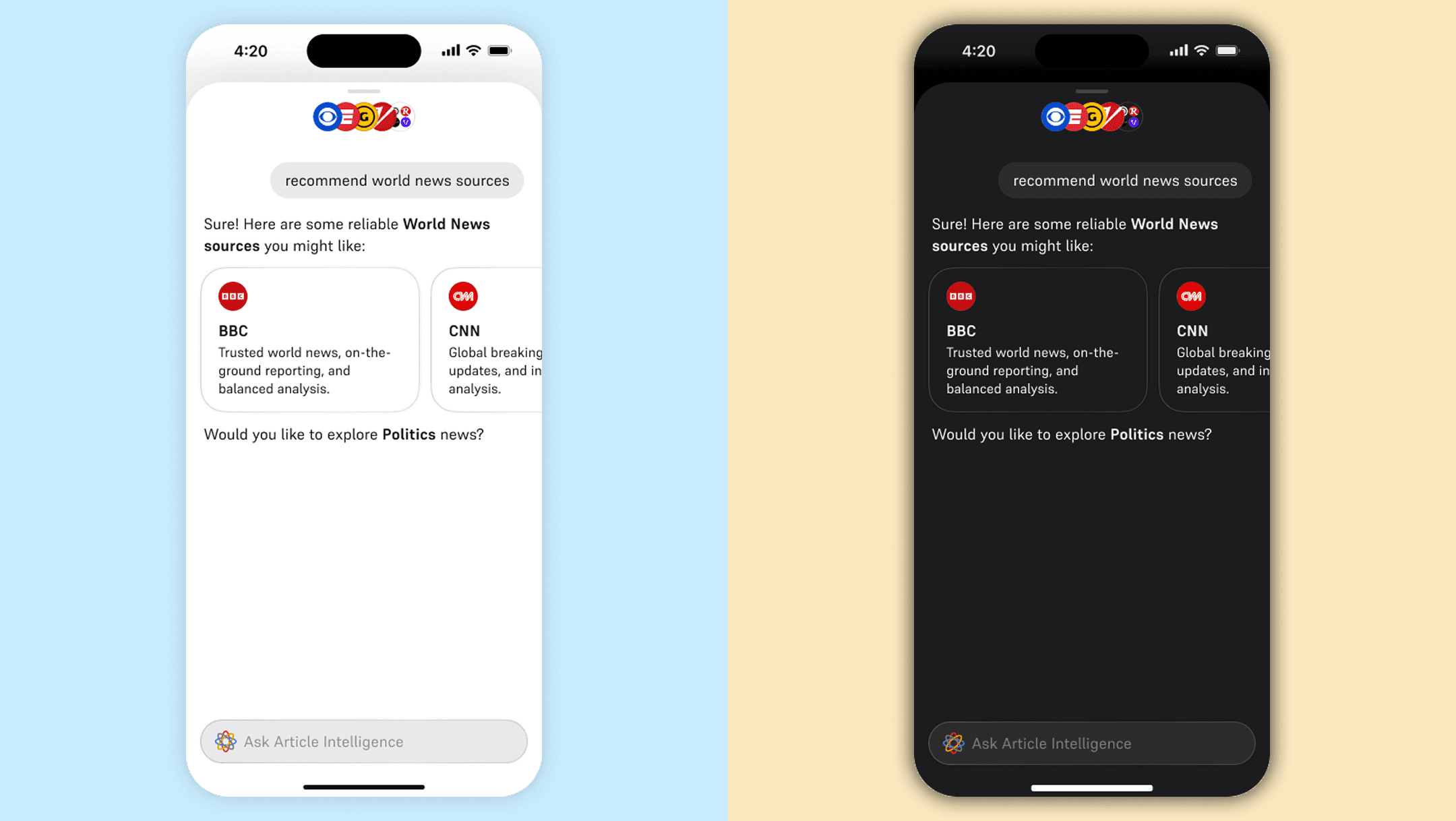 AI response screen with recommended news sources
