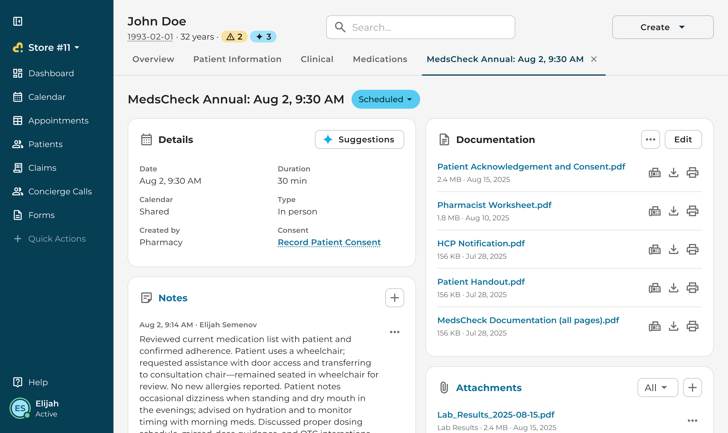 An appointment opened as a tab in the profile