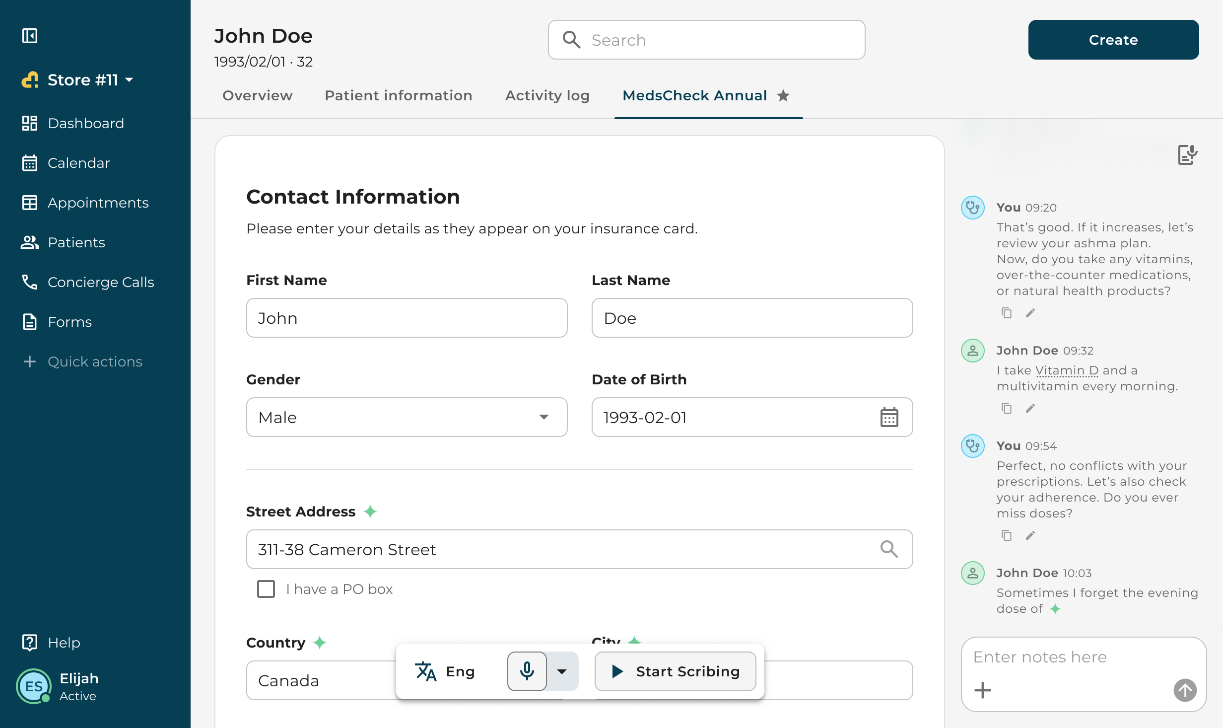 Exploration: a form opened inside the profile, with AI Scribe
