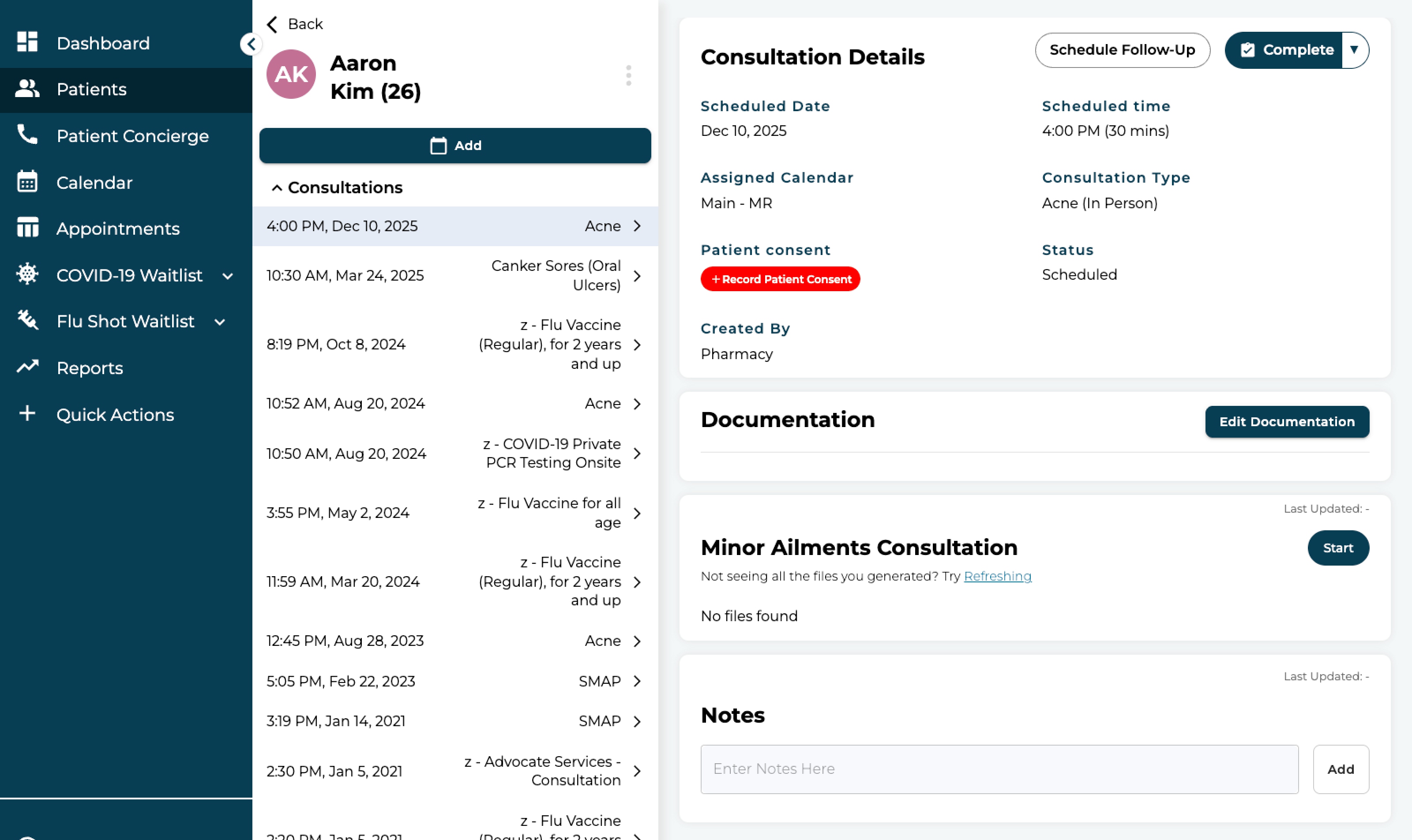 The old profile: consultations on the left, details below them, one consultation on the right