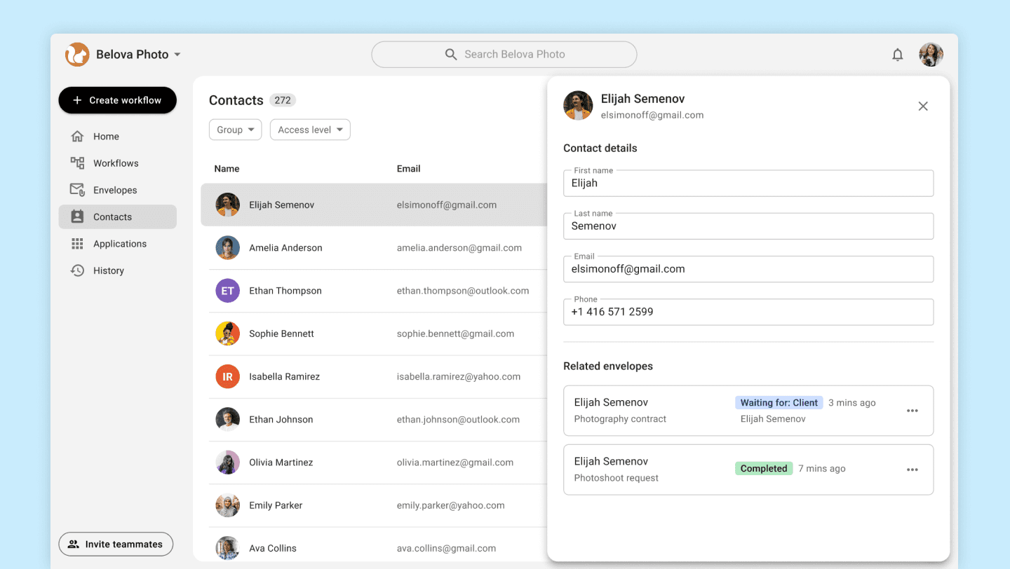 Contact sidebar with related envelopes