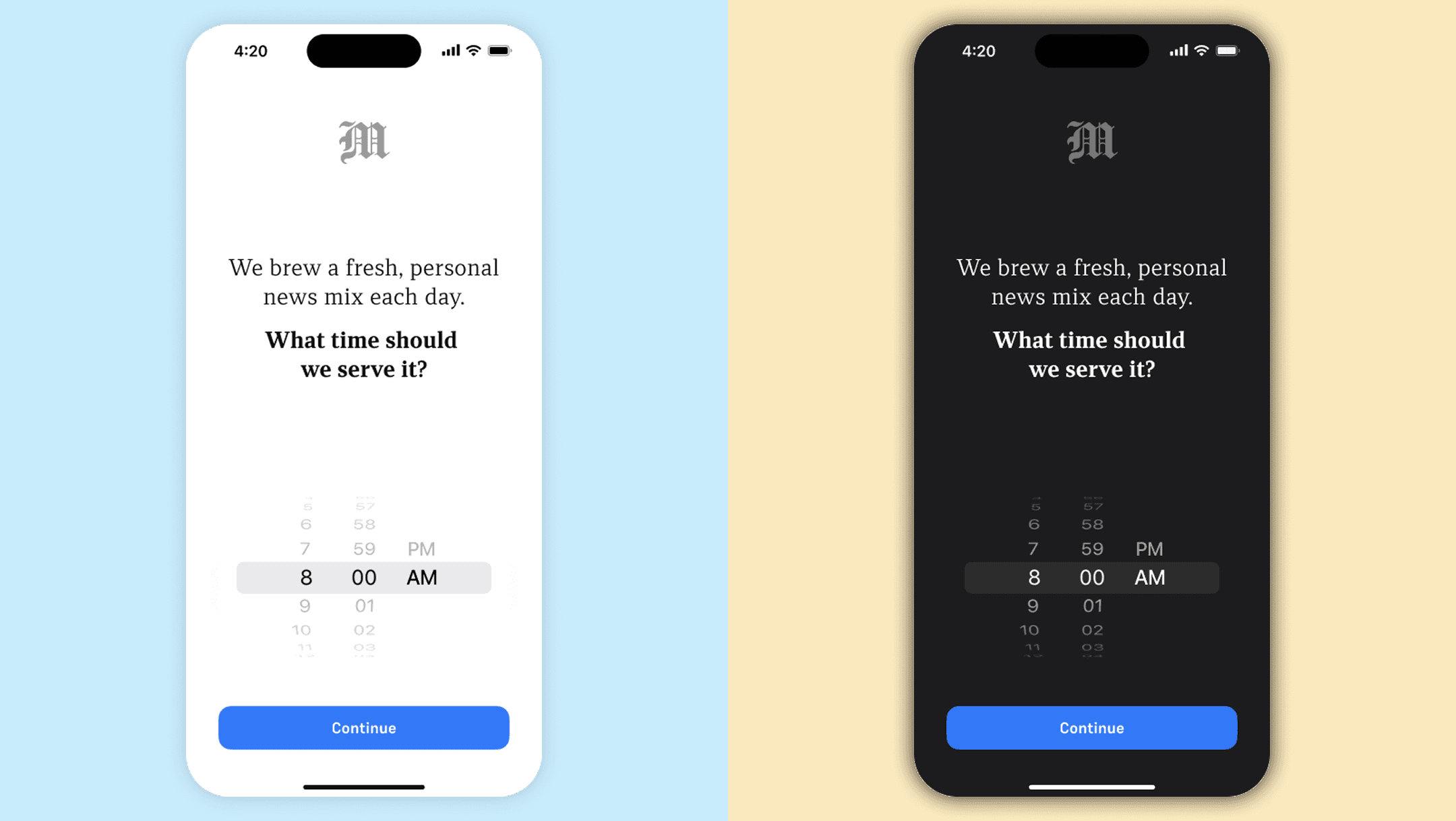 Daily delivery screen for choosing the time to receive news