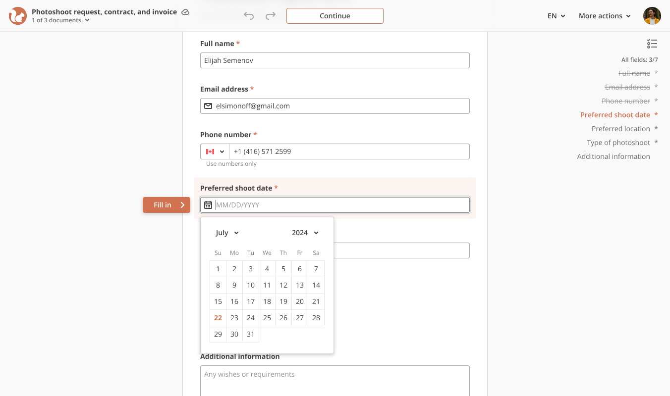 User starts filling the document field
