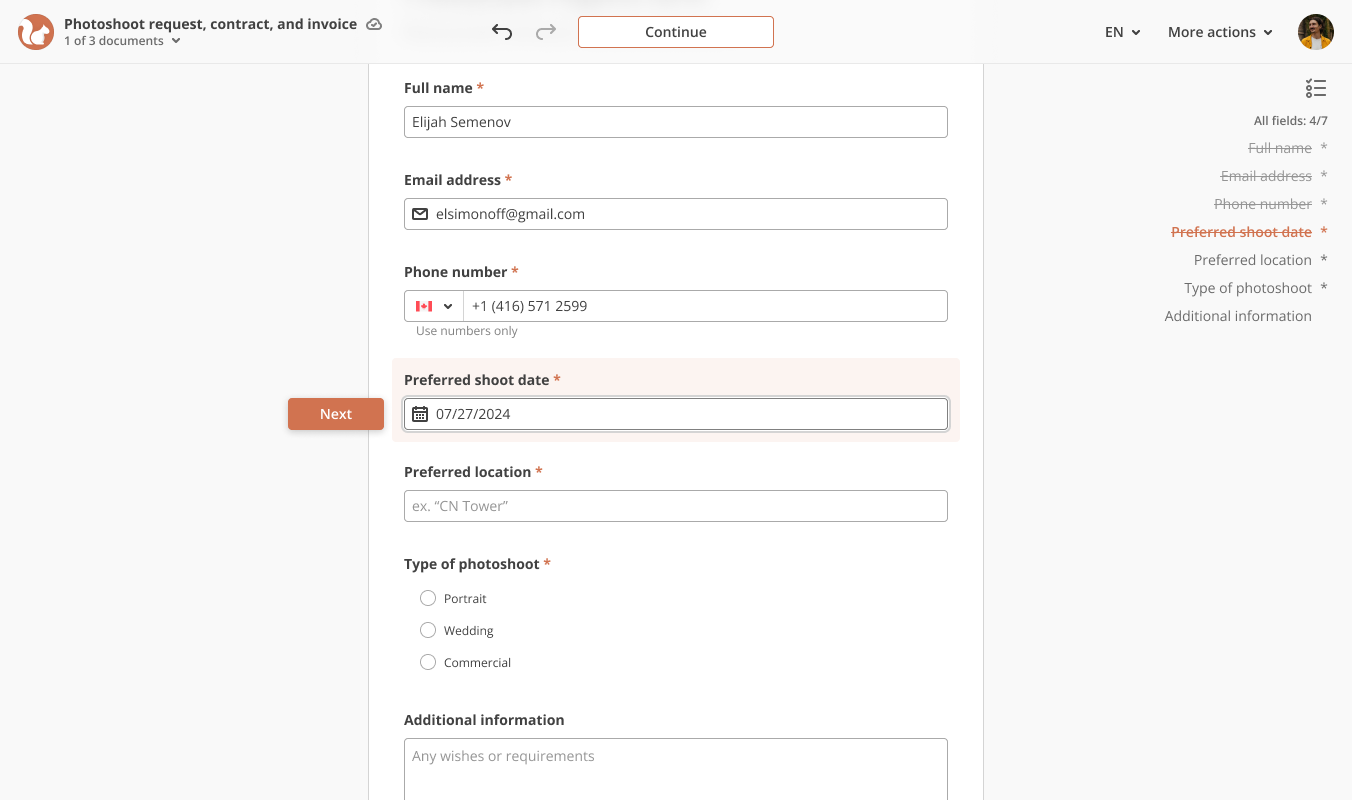 User finished filling the document field