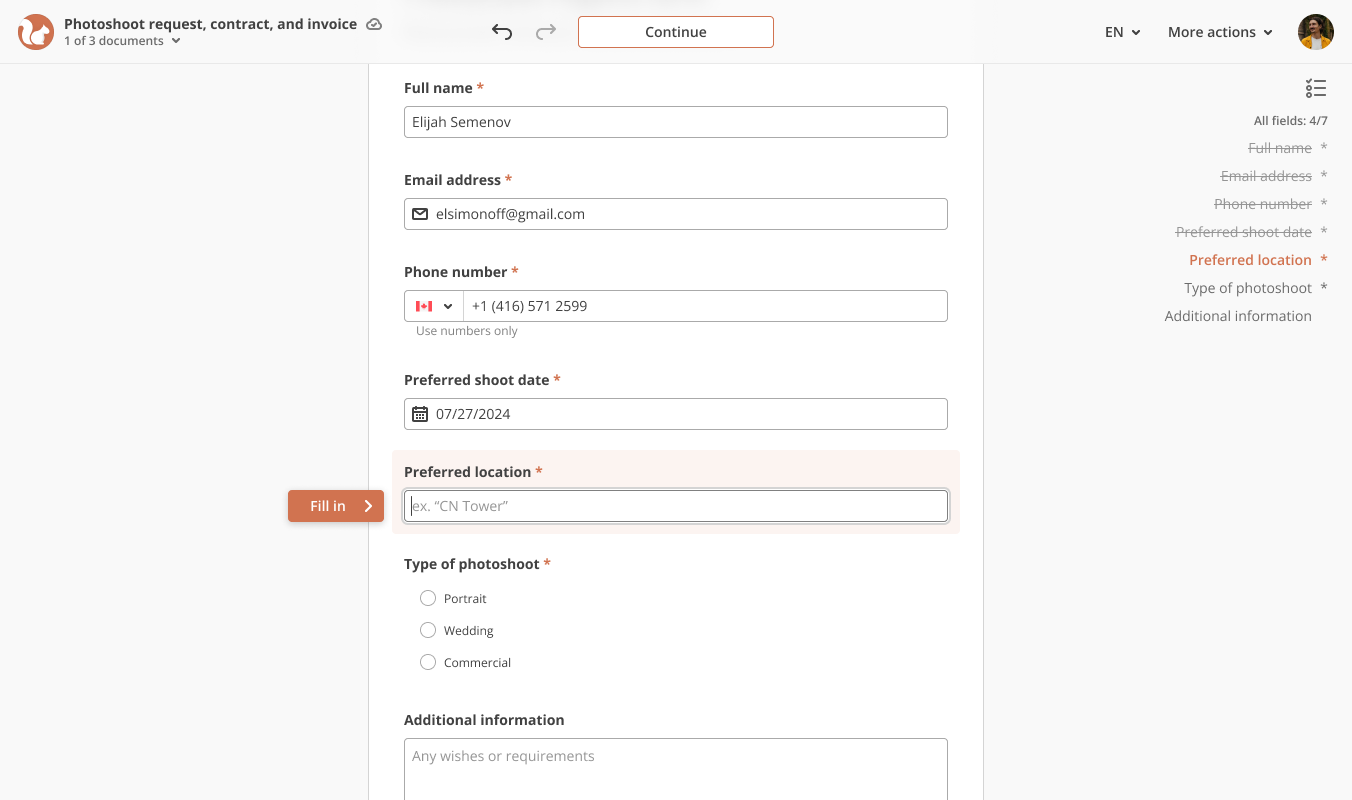 User continues to fill in document fields