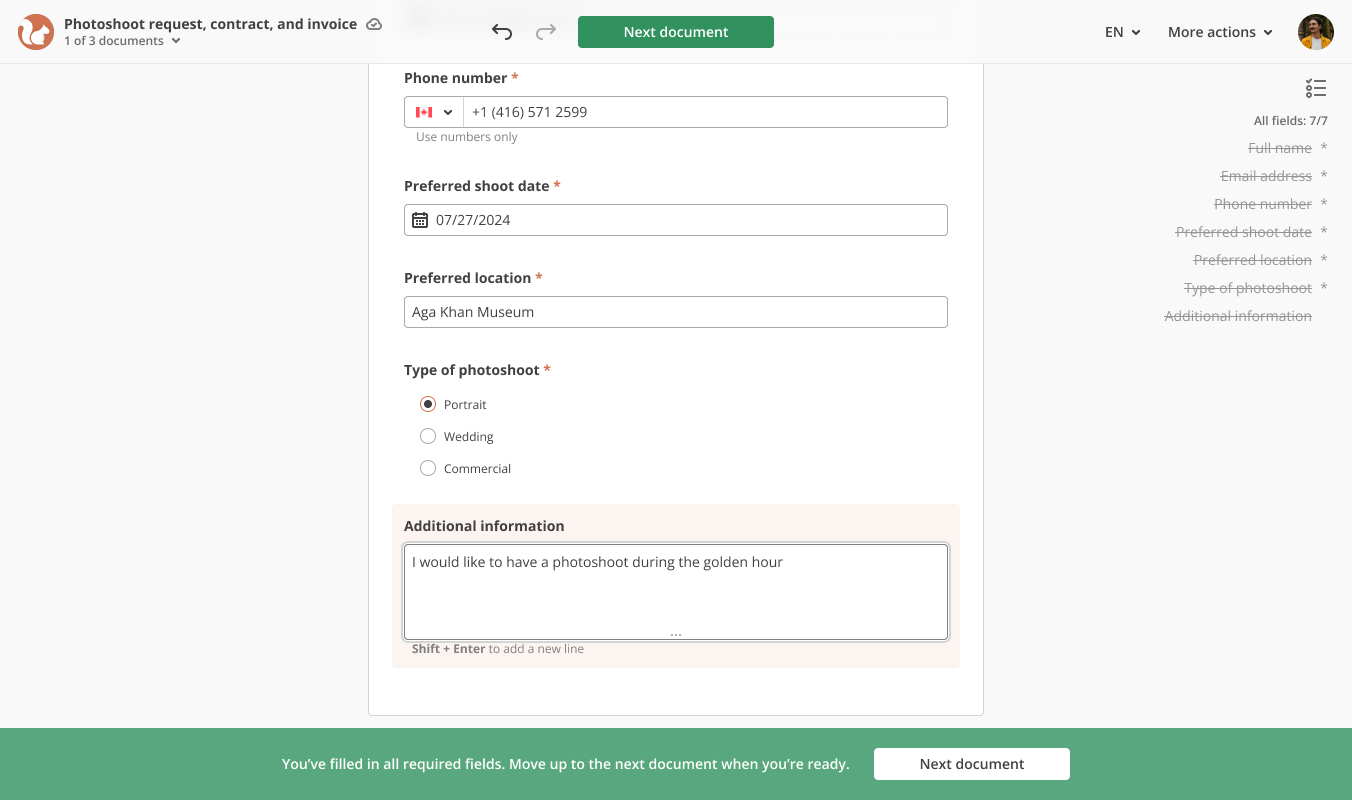 All fields are filled in, and the user is ready to move to the second document