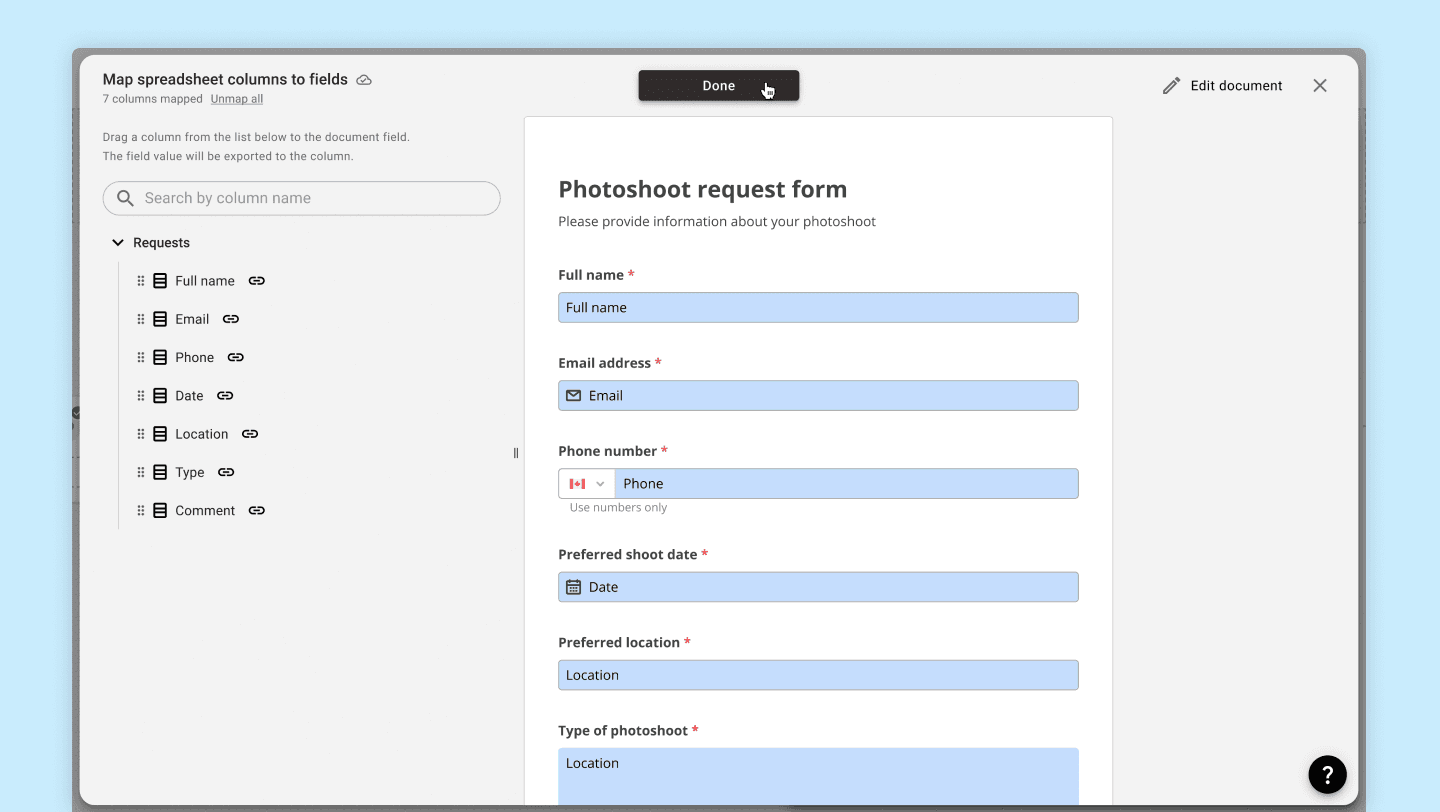 Mapping modal window - columns mapped with fields