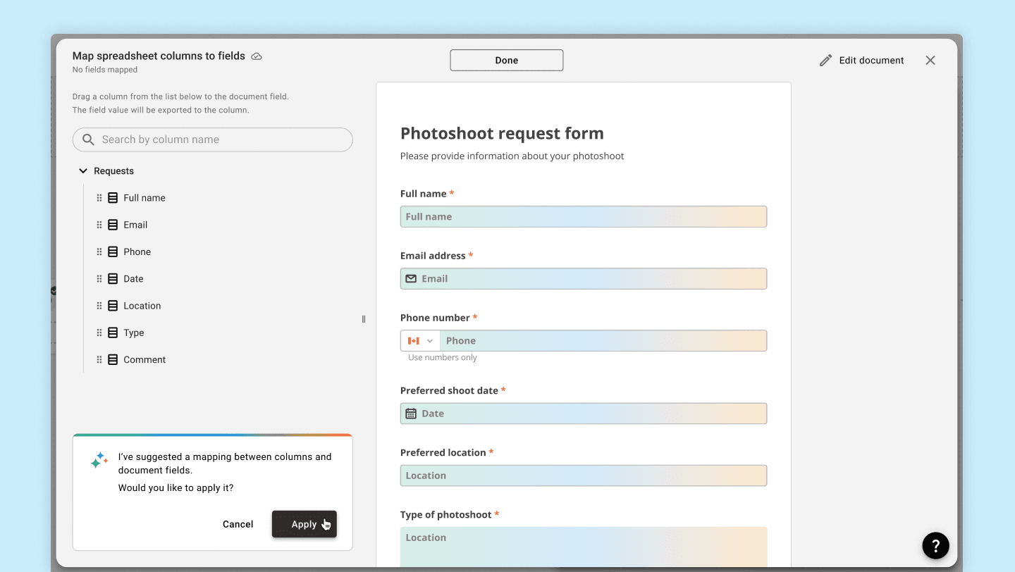Mapping modal window - AI suggestions for mapping